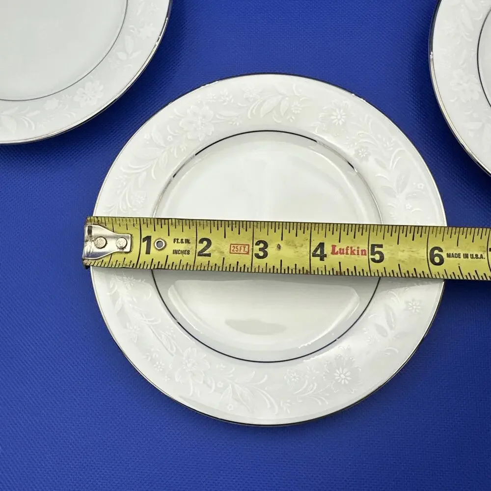 Noritake Ranier 6909 Bread Plates 6 3/8” White Floral on White Silver Rim‎ Set 4